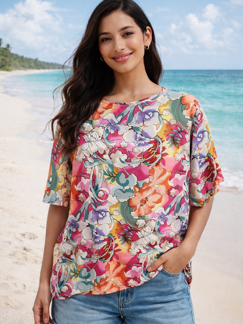 Multicolor Floral Short-Sleeve Blouse by